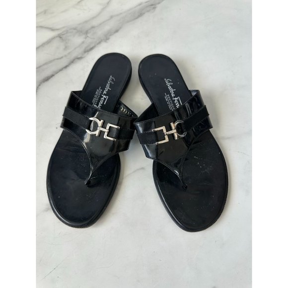 Salvatore Ferragamo Shoes - SALVATORE FERRAGAMO Black Silver Logo Buckle Sandals Size 38